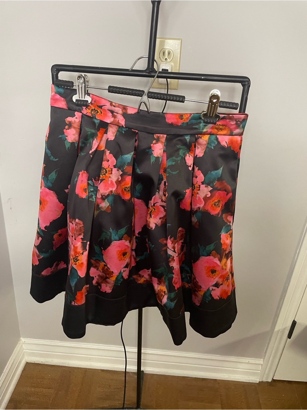 French Connection Black Skater Skirt with Pink and Coral Floral Print